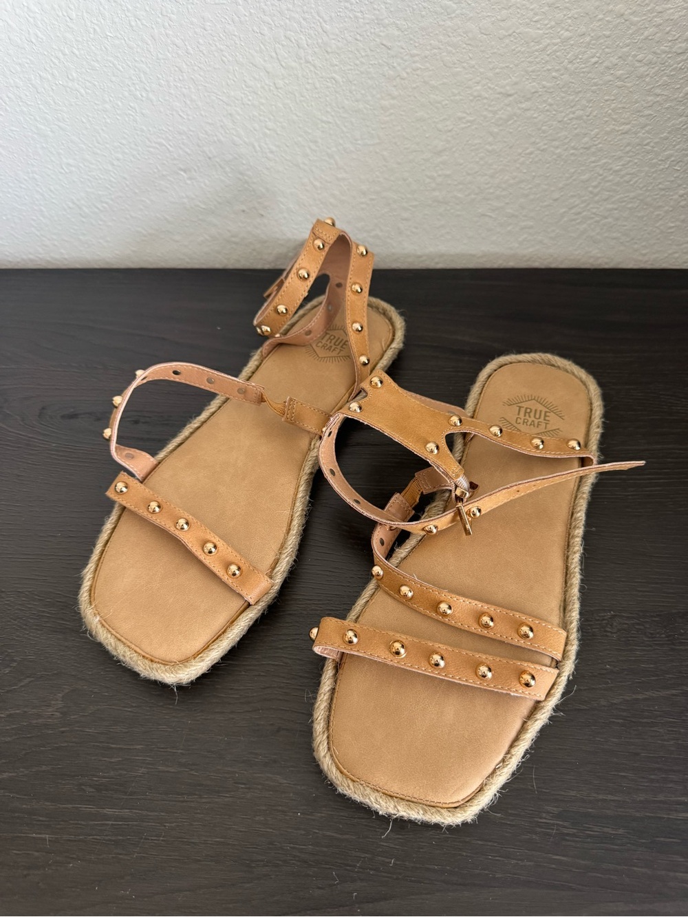 True Craft Tan Studded Espadrille Strap Sandals